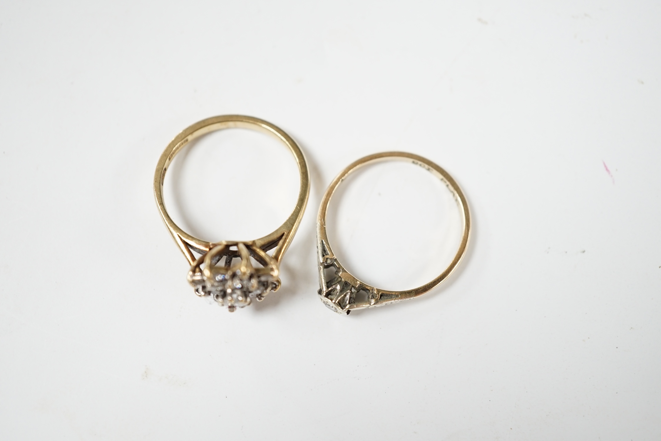 A modern 9ct gold and diamond cluster set ring, size L and a 9ct and illusion set diamond ring, gross weight 4.4 grams. Condition - poor to fair
